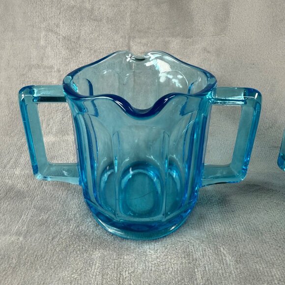 Vintage Art Deco Blue Glass Creamer Sugar Set with Handles Kitchen Dining Decor - Picture 4 of 16